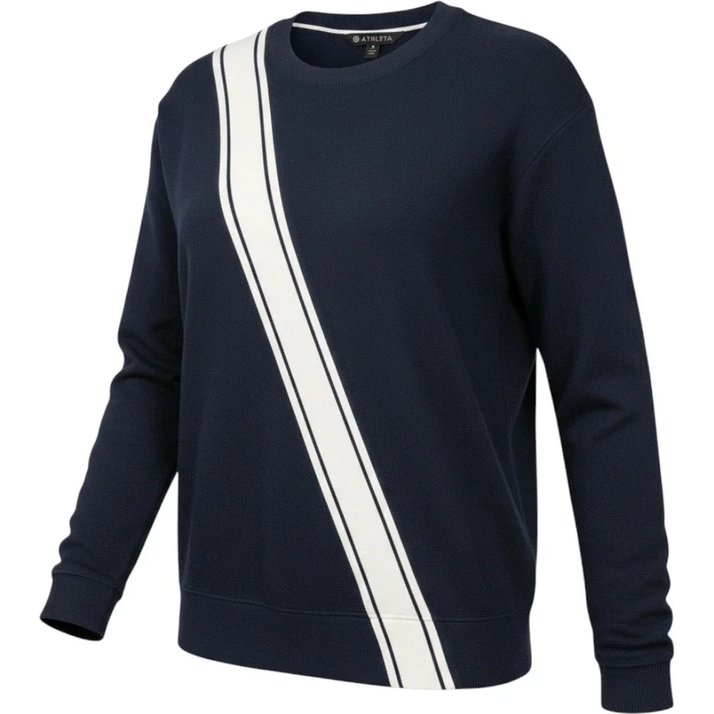 Athleta Sweater Women XS Navy Blue Excellent Diagonal Stripe Thumbhole Crew Neck